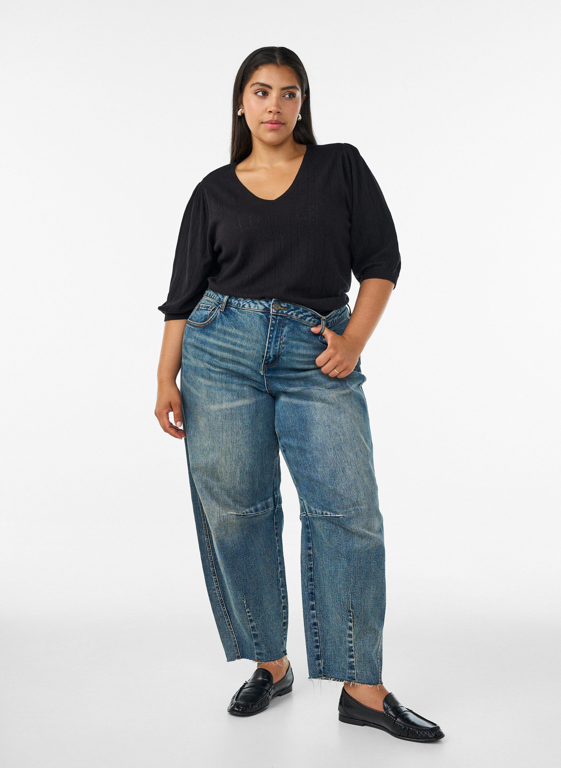 ZizziGebreide blouse met korte mouwen en pointellepatroon, Zwart, Model image number 1