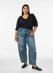Gebreide blouse met korte mouwen en pointellepatroon, Zwart, Model image number 1