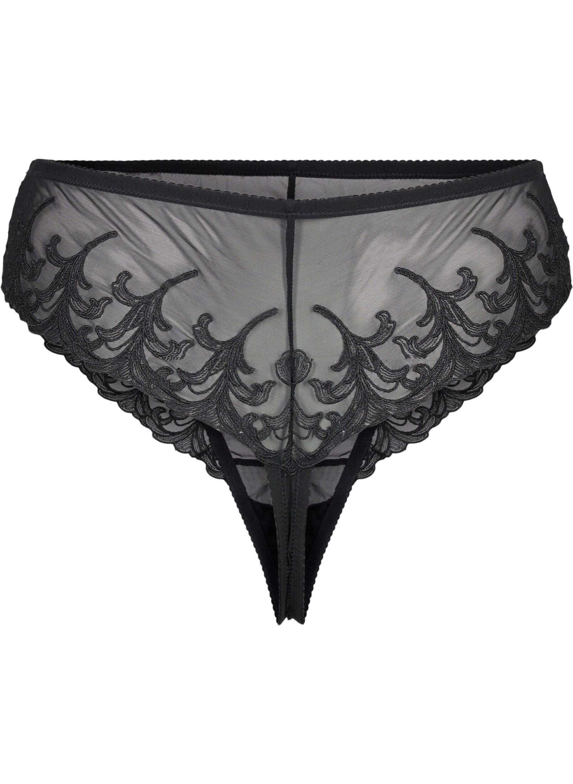 Zizzi Mesh string met borduurdetails, Zwart, Packshot image number 1