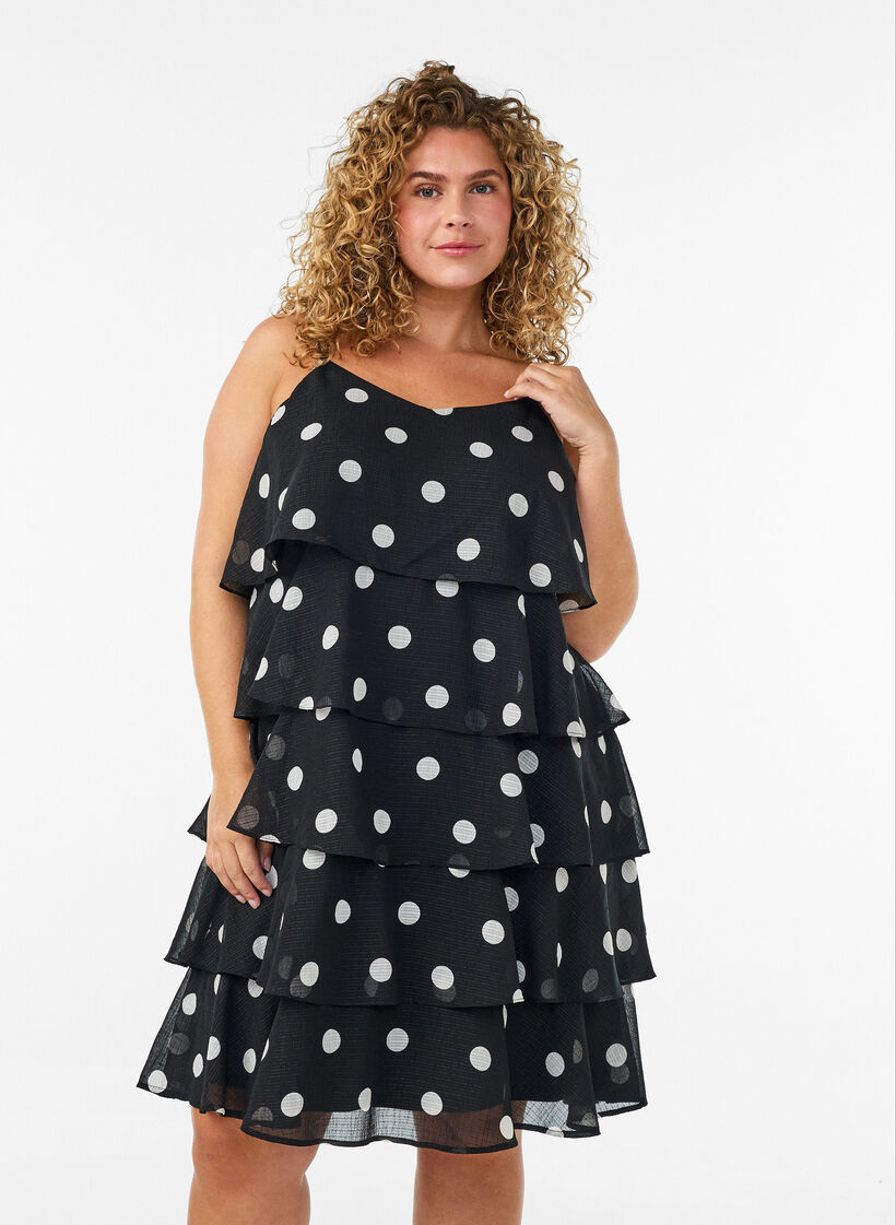Gelaagde jurk met ruches en spaghettibandjes, Zwart, Model image number 0