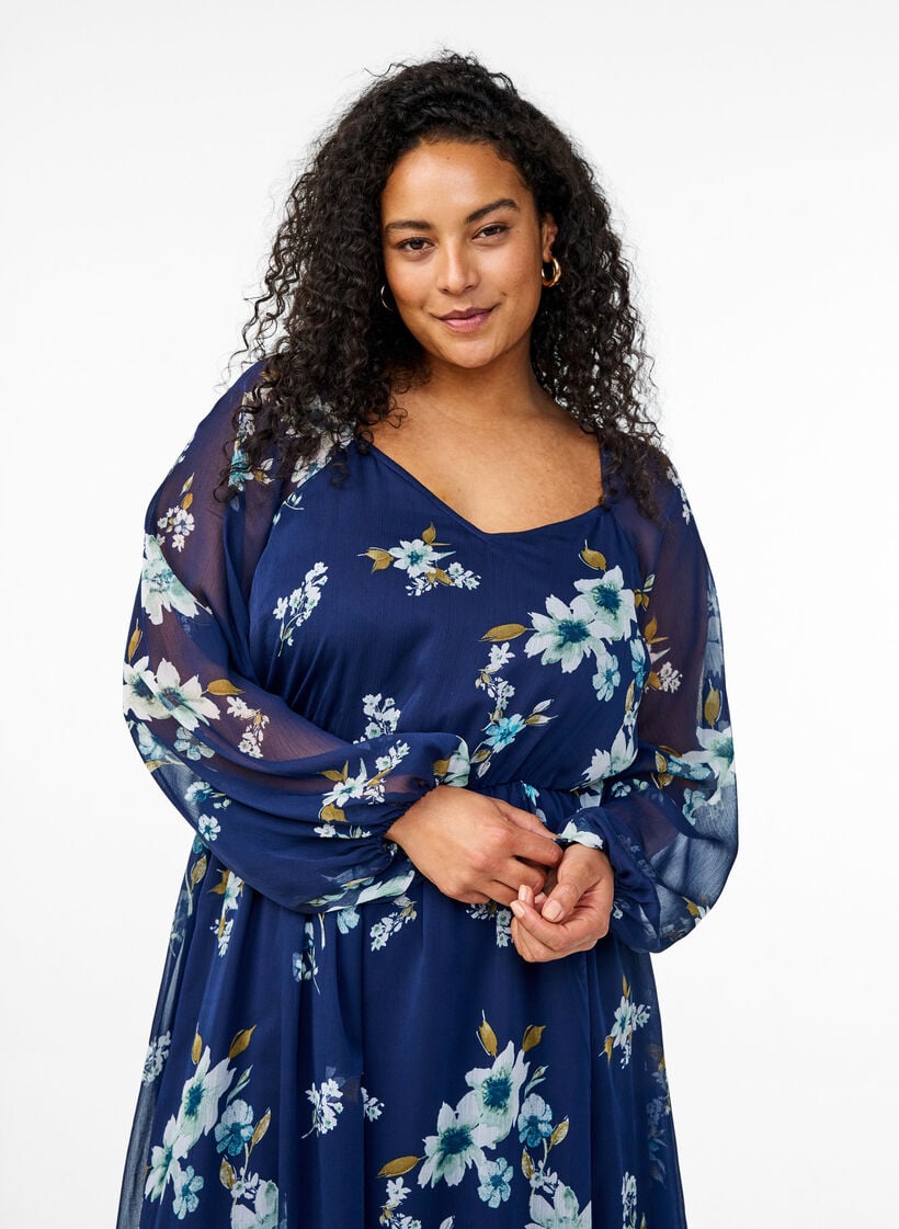 Chiffon feestjurk met lange mouwen, Blauw, Model image number 3