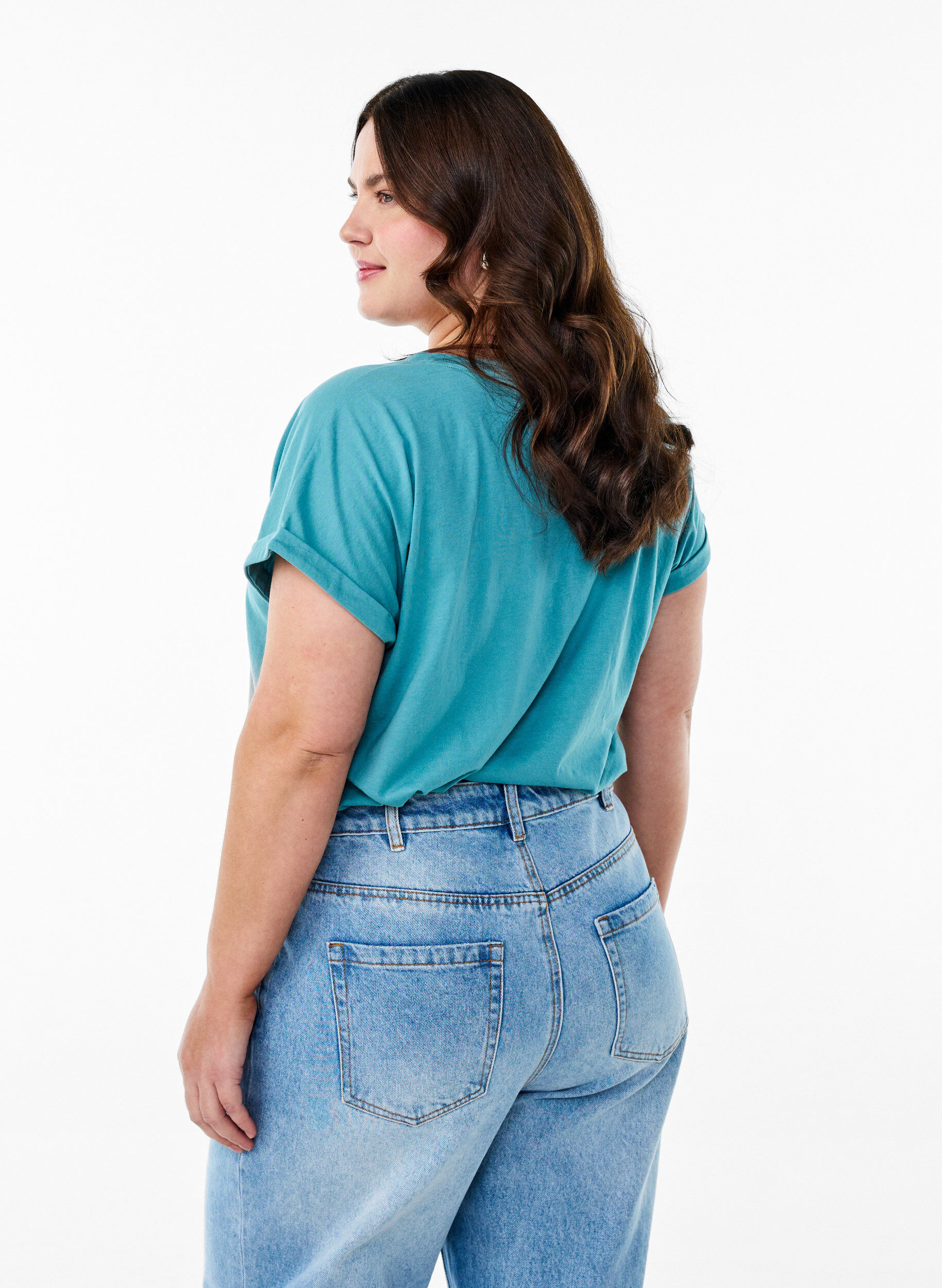 Zizzi T-shirt met korte mouwen van katoenmix, Blauw, Model image number 2