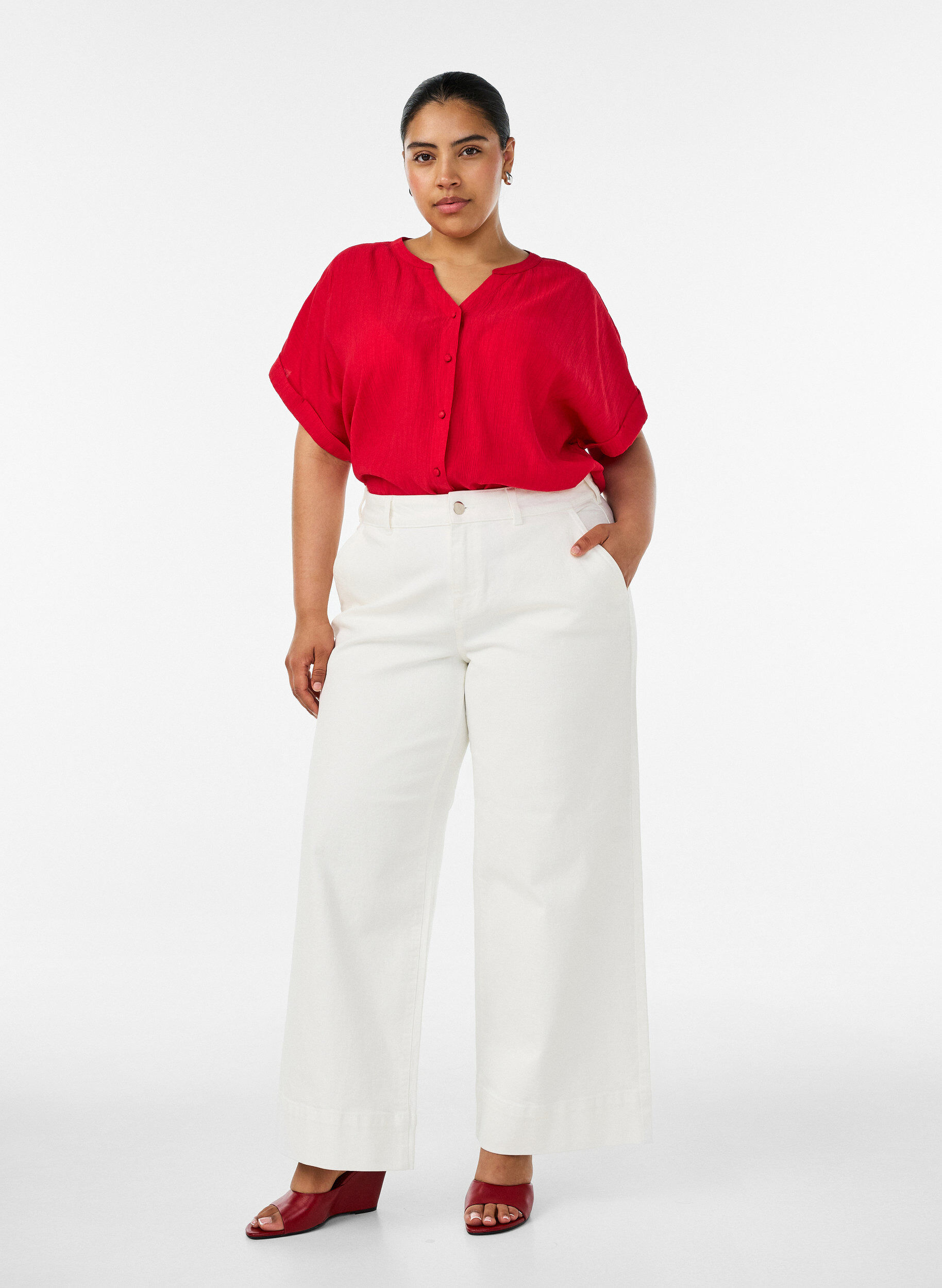 ZizziViscose blouse met knoopjes en textuur, Rood, Model image number 1