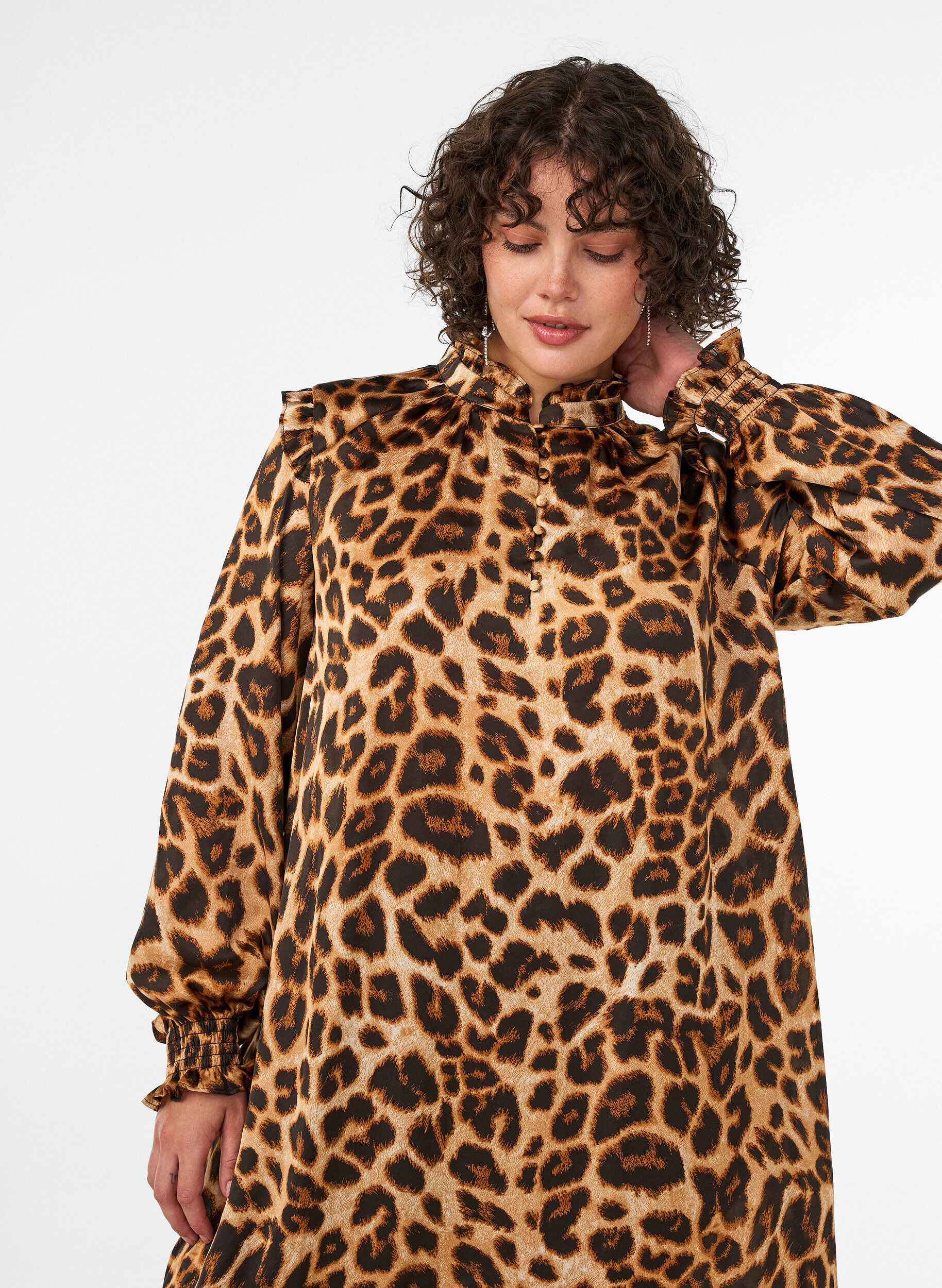 ZizziJurk met luipaardprint en ruches, Bruin, Model image number 2