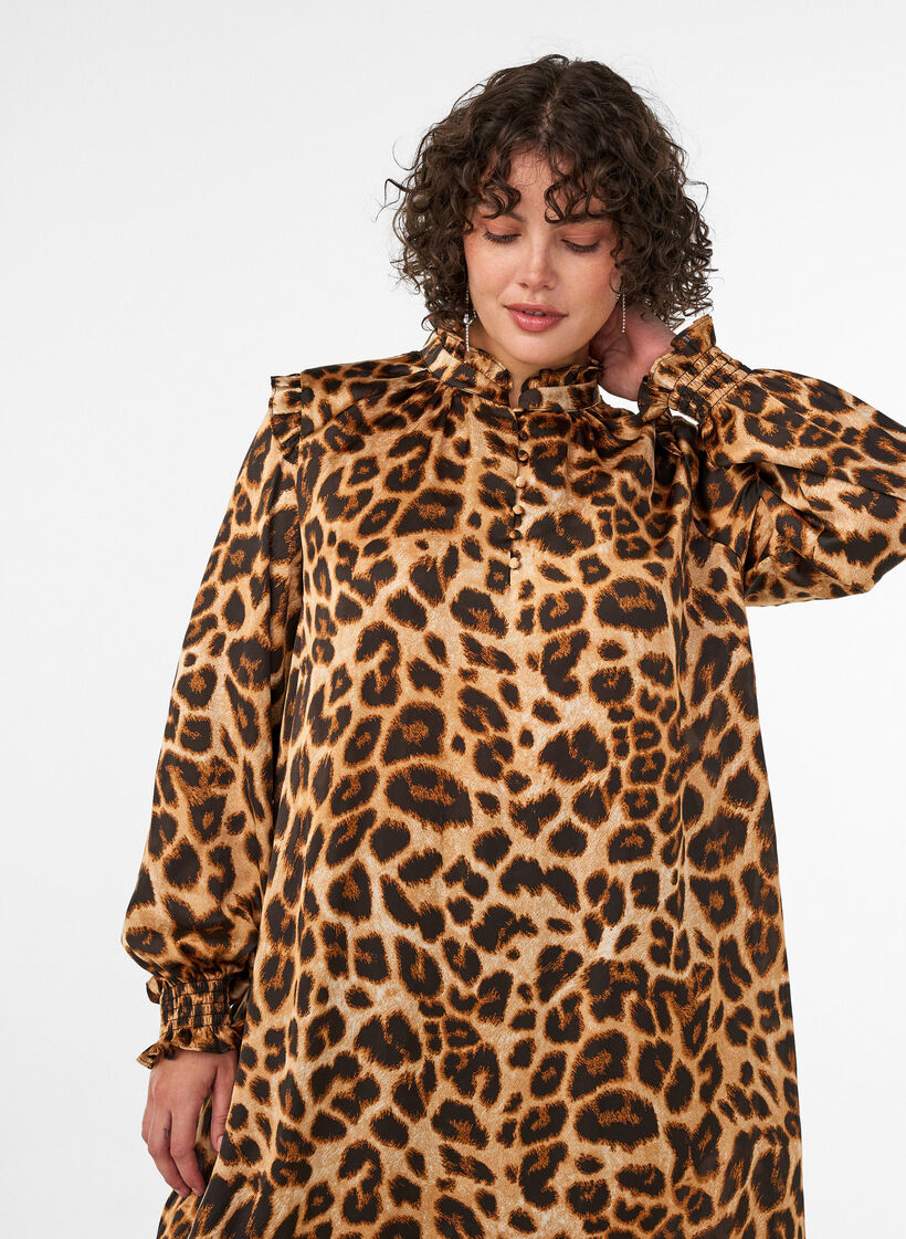 Jurk met luipaardprint en ruches, Bruin, Model image number 2