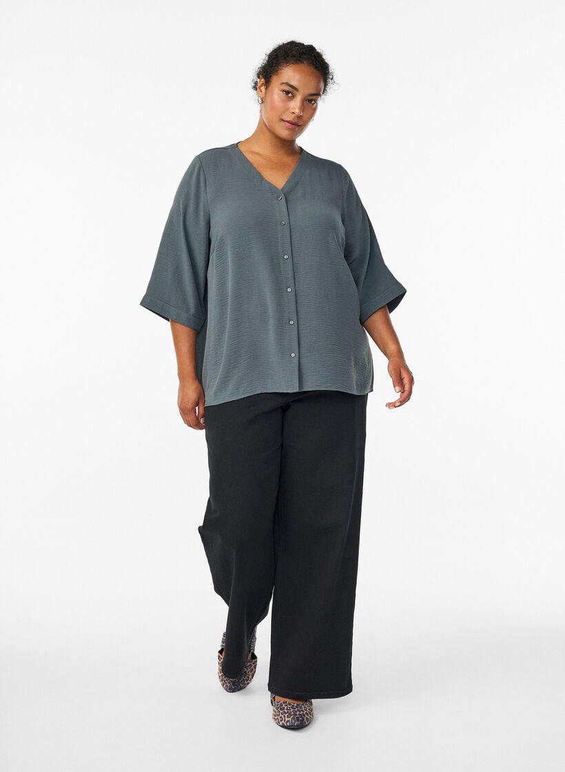 Shirtblouse met V-hals en 3/4 mouwen, Groen, Model image number 1