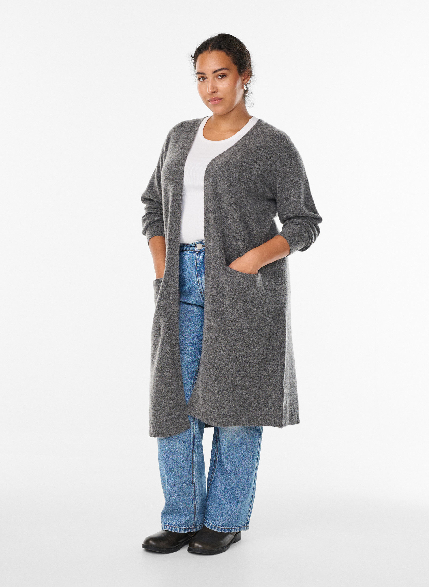 Zizzi Lange cardigan met wol en alpaca gebreid, Grijs, Model image number 1