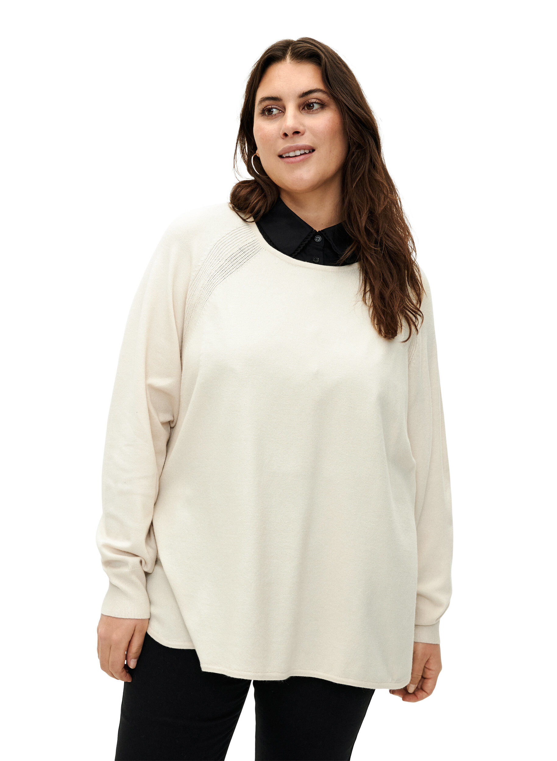 Zizzi Gebreide blouse met raglanmouwen, Birch Mel., Model image number 0