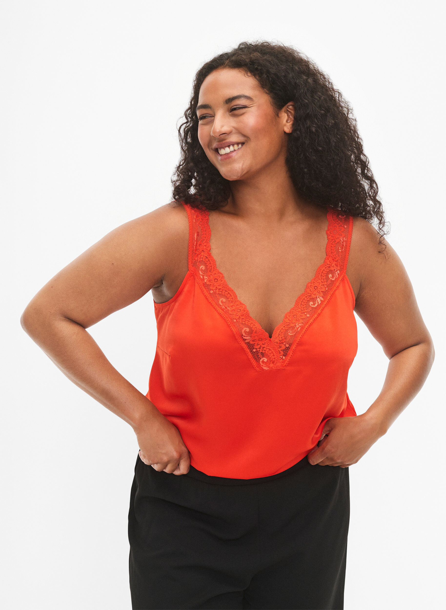 Zizzi FLASH - Top met V-hals en kanten rand, Orange.com, Model image number 0