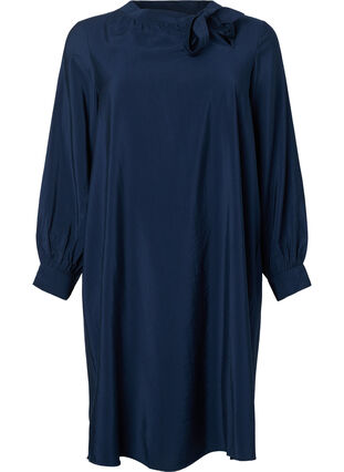 Viscose jurk met lange mouwen en strik, Total Eclipse, Packshot image number 0
