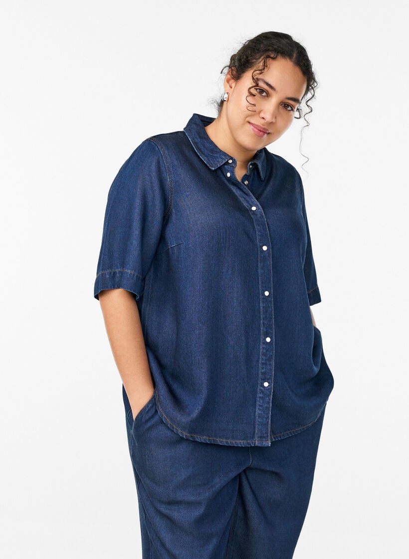 Denimlook lyocell shirt met korte mouwen, Blauw, Model image number 0