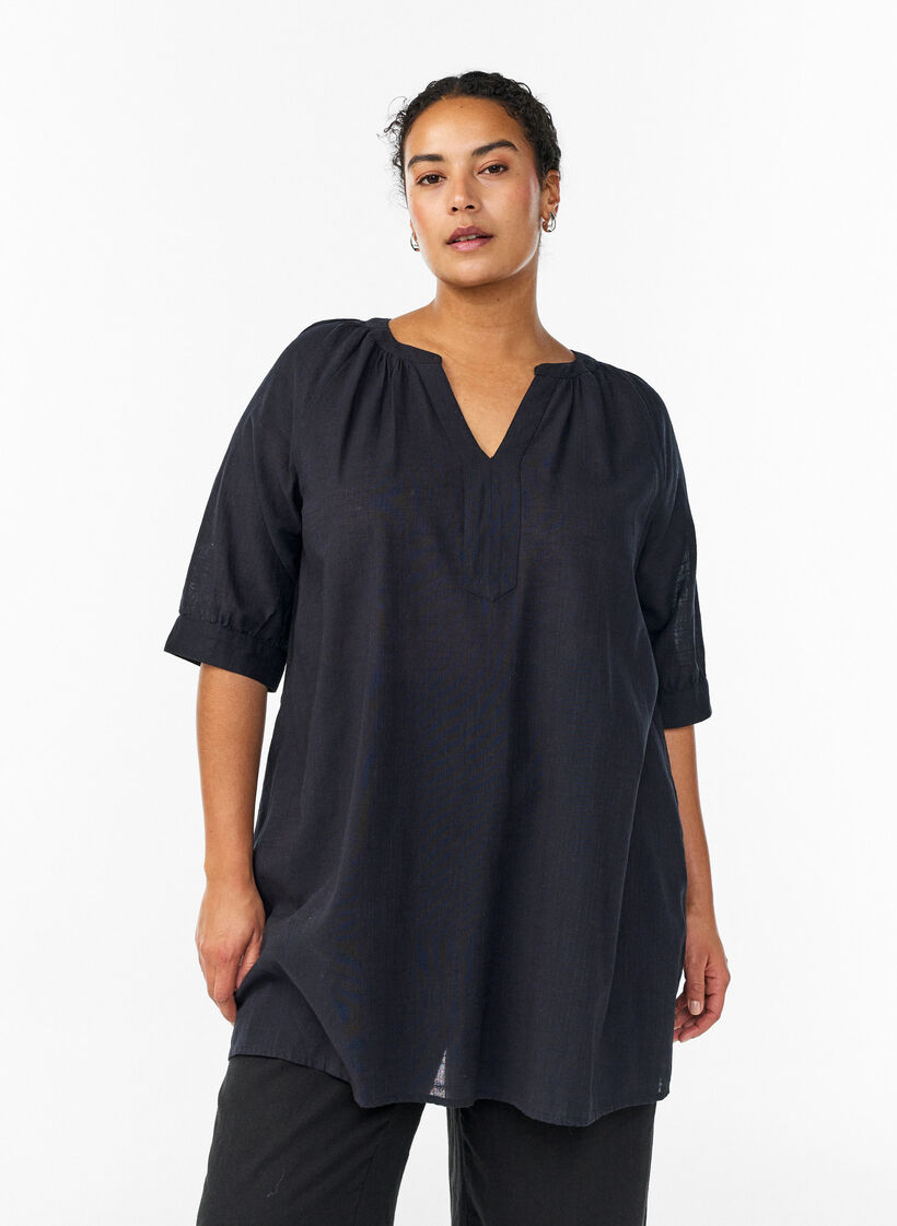 Katoenen tuniek met V-hals, Zwart, Model image number 0