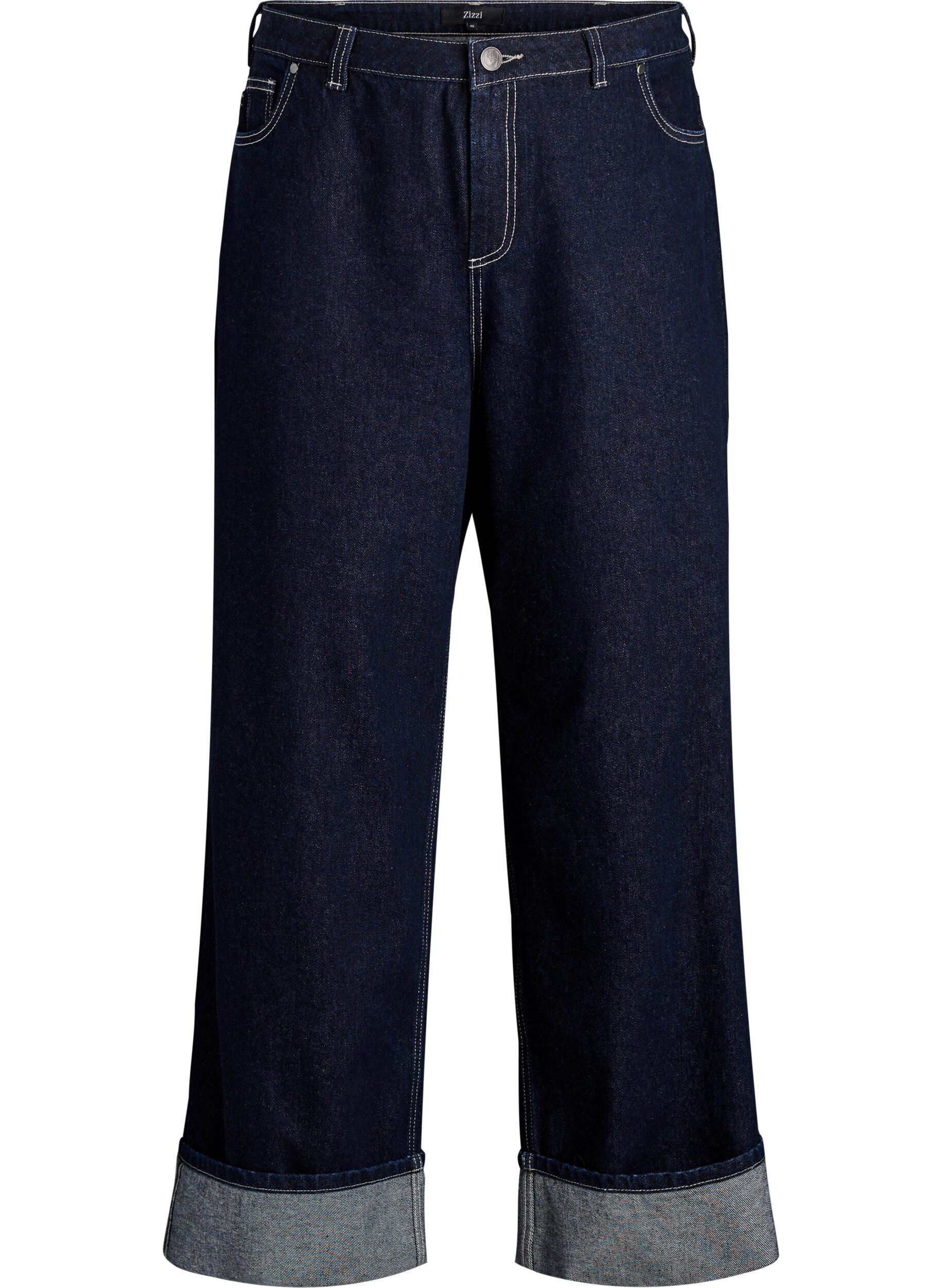 ZizziWide fit jeans met brede omslag en contraststiksels, Blauw, Packshot image number 0