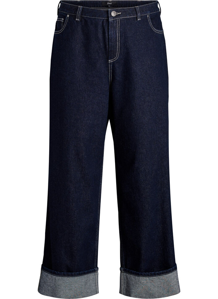 Wide fit jeans met brede omslag en contraststiksels, Blauw, Packshot image number 0