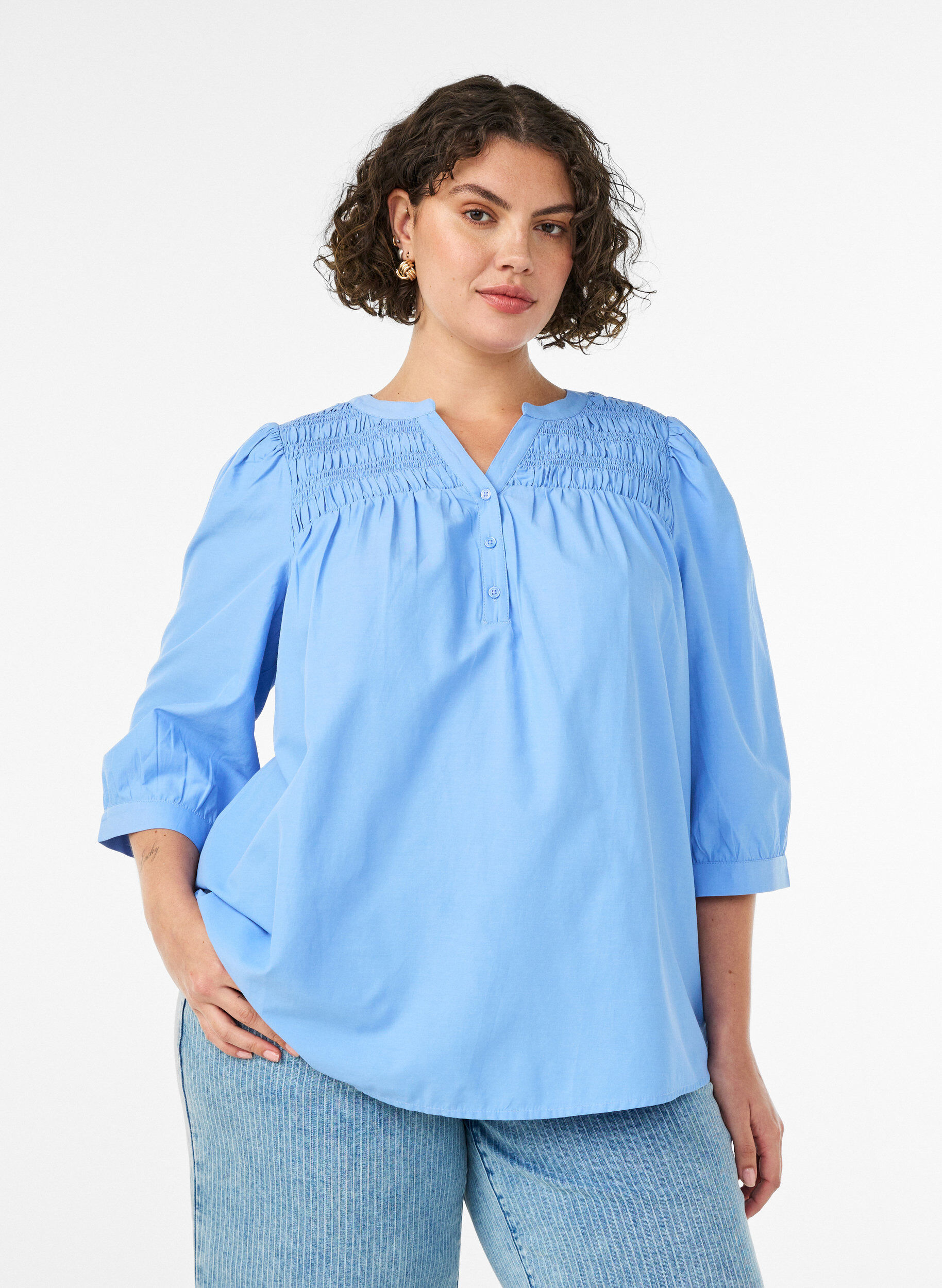 Blouse met smock en 3/4 mouwen, Blauw, Model