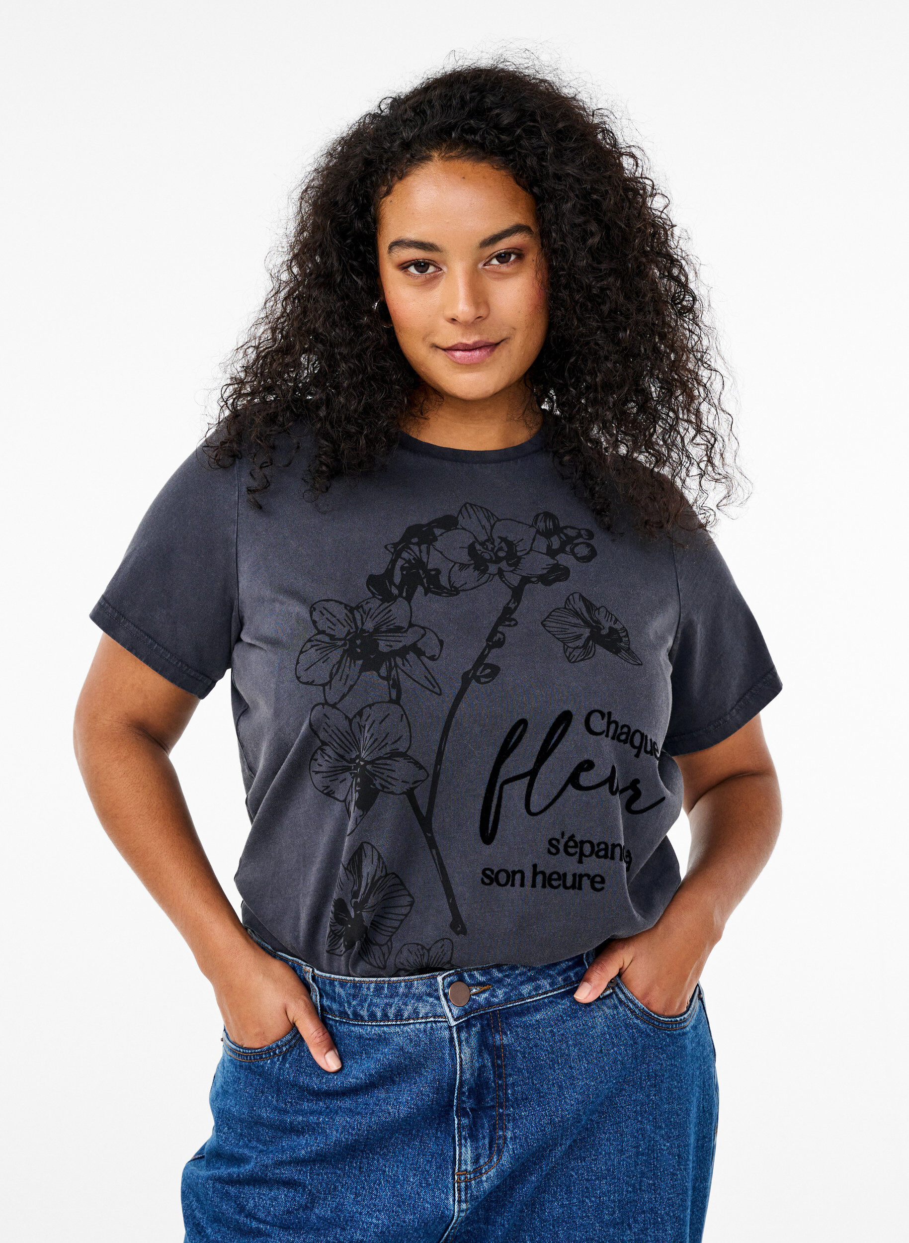 Zizzi T-shirt van biologisch katoen met print, Grijs, Model image number 0
