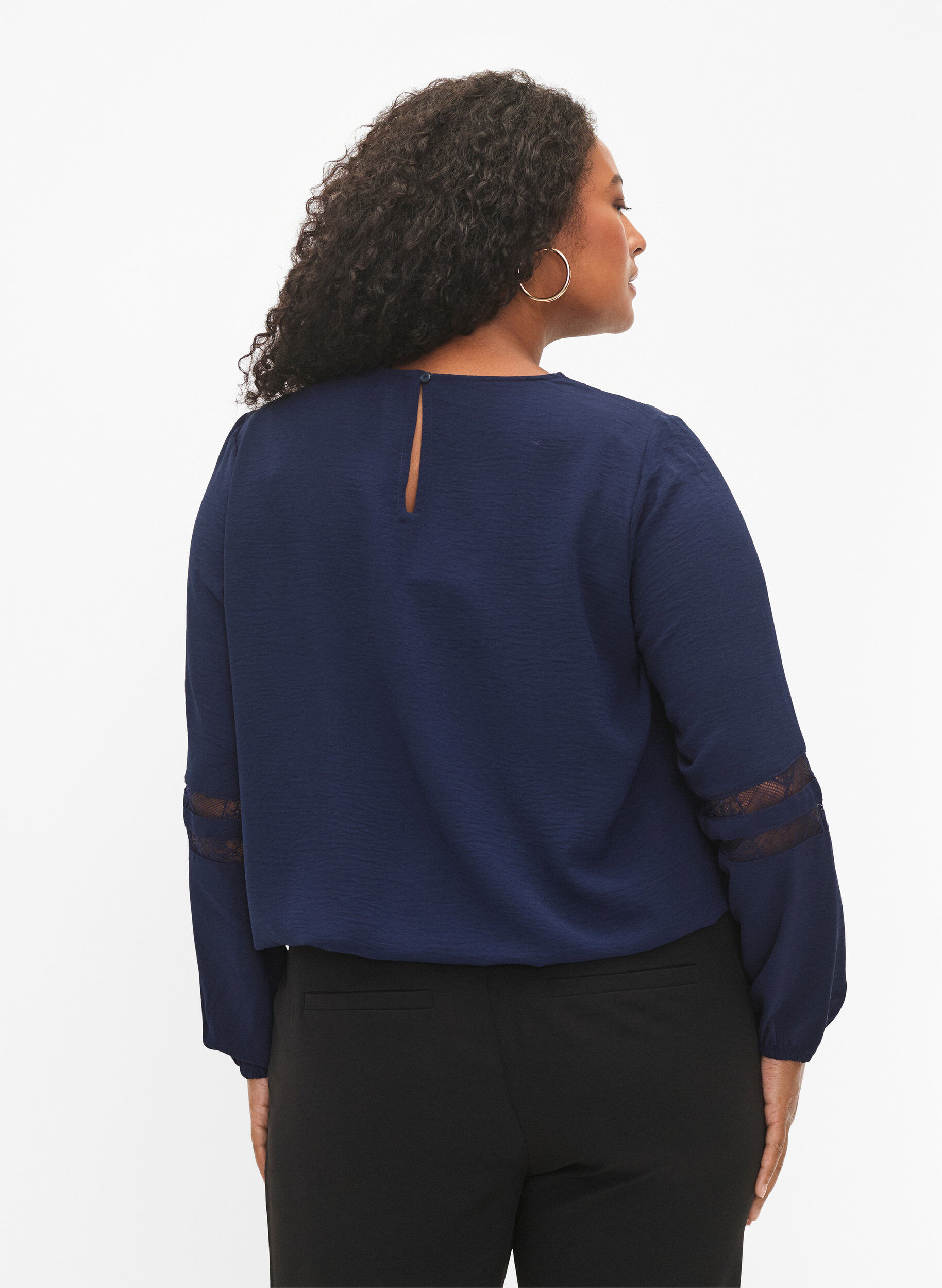 Zizzi Blouse met lange mouwen en kant, Navy Blazer, Model image number 1