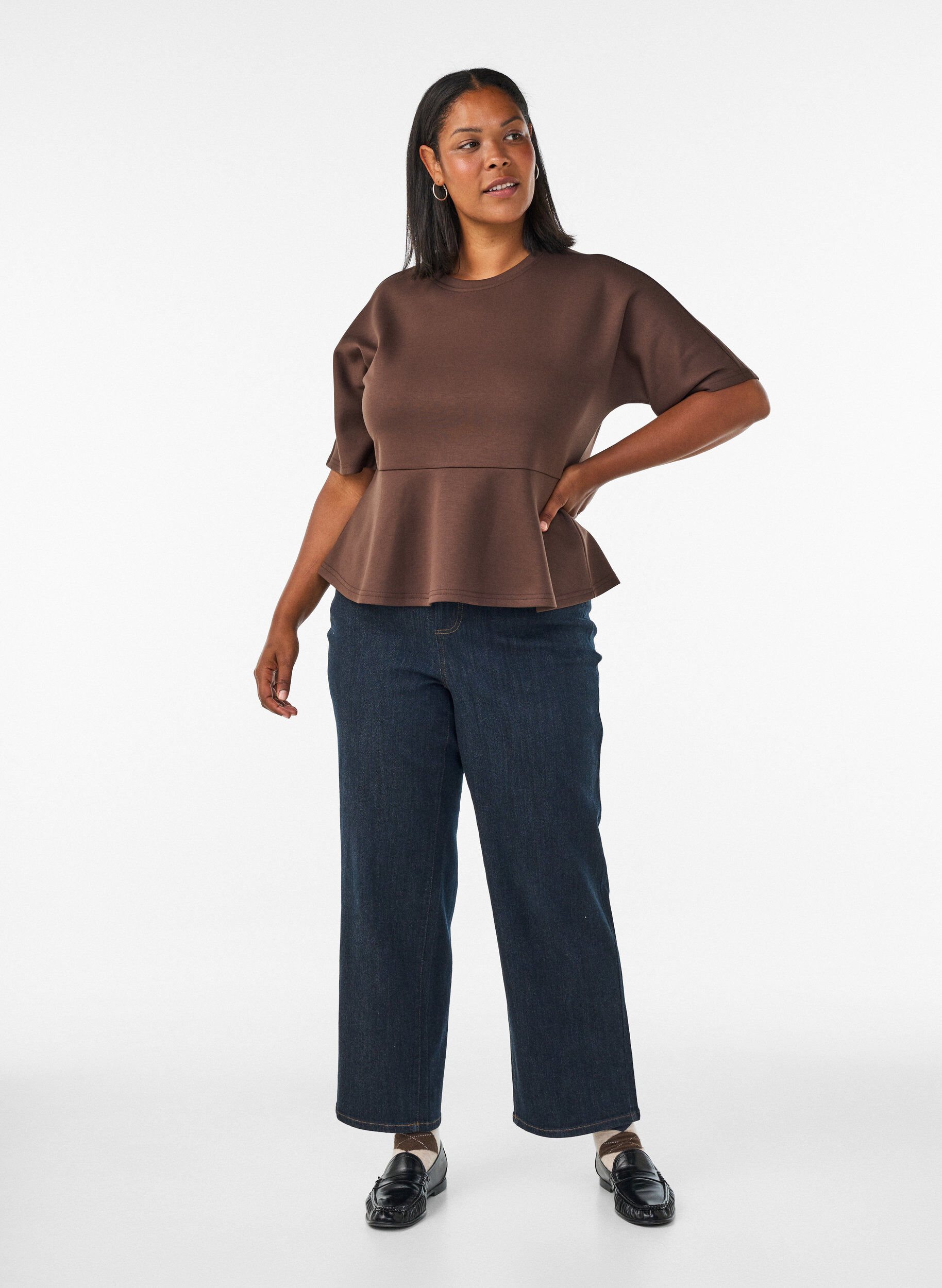 ZizziPeplum blouse met ellebooglange mouwen, Bruin, Model image number 1