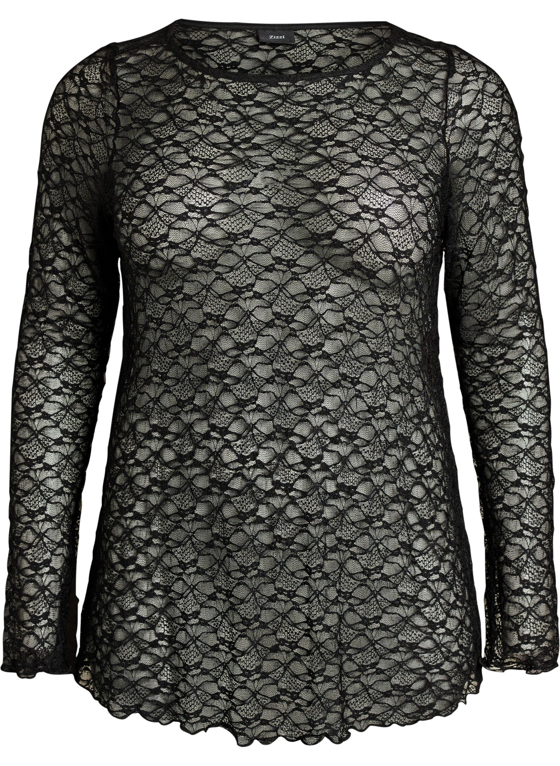 ZizziBlouse met lange mouwen van doorschijnend kant, Zwart, Packshot image number 0