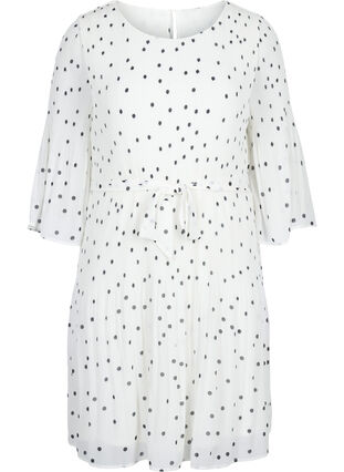 Bedrukte geplooide jurk met bindband, Bright White w. Dots, Packshot image number 0