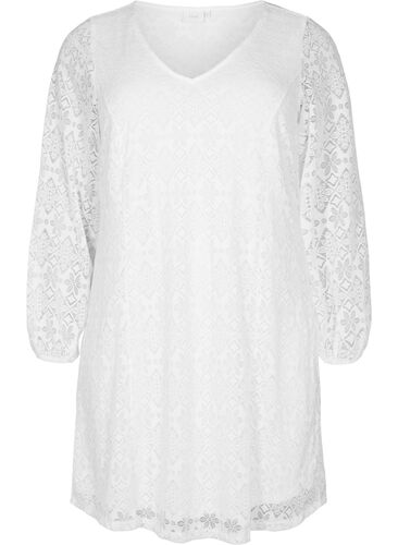 Kanten jurk met v-snit en lange mouwen, Bright White, Packshot image number 0