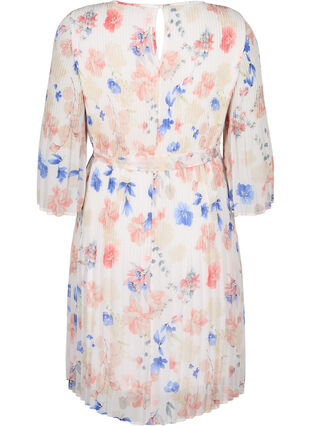 Bedrukte geplooide jurk met bindband, White/Blue Floral, Packshot image number 1