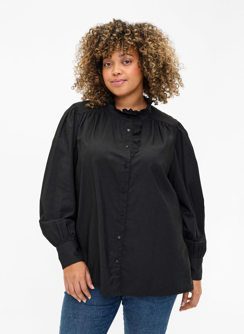Visicoshirt Blouse met ruffles, Black, Model image number 0