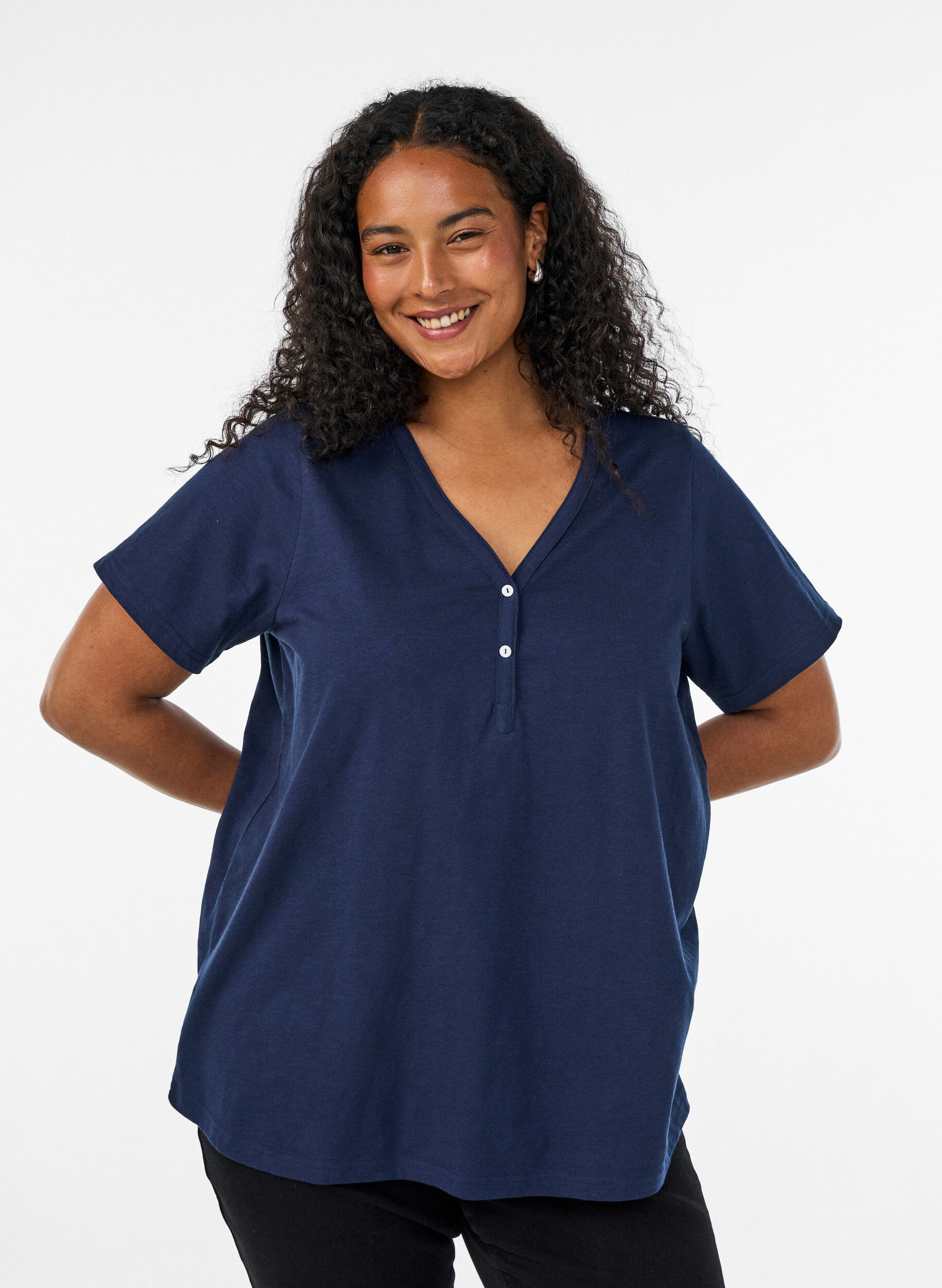ZizziT-shirt met knoopdetail, Blauw, Model image number 0