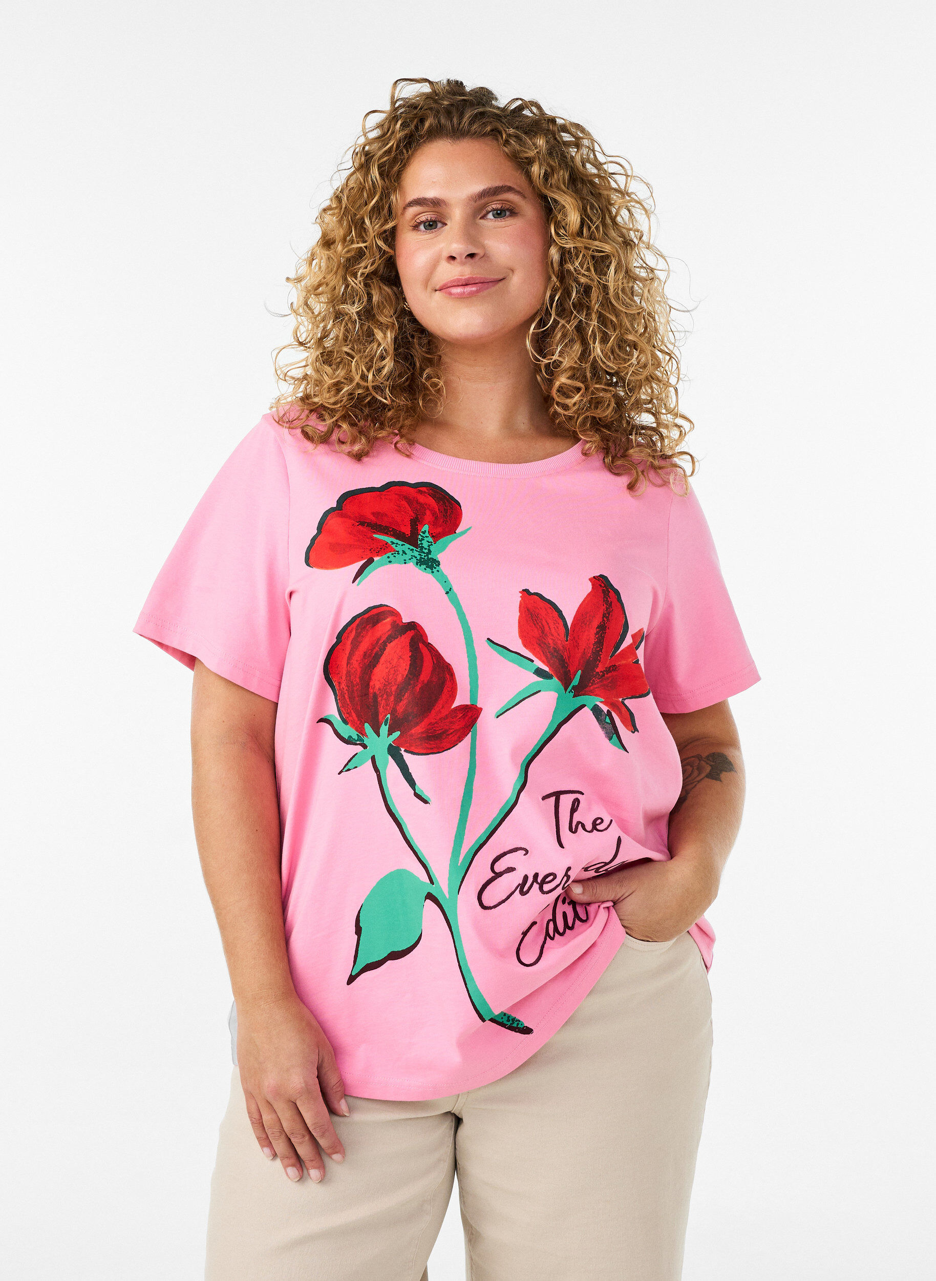 ZizziKatoenen T-shirt met print aan de voorkant, Roze, Model image number 0