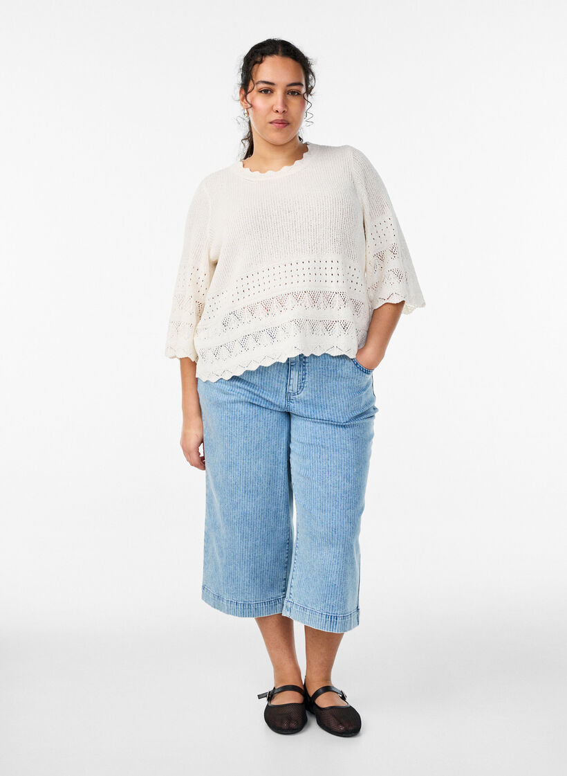 Gebreide blouse met ajourborduursel en mouwen 1/2 lengte, Vanille, Model image number 1