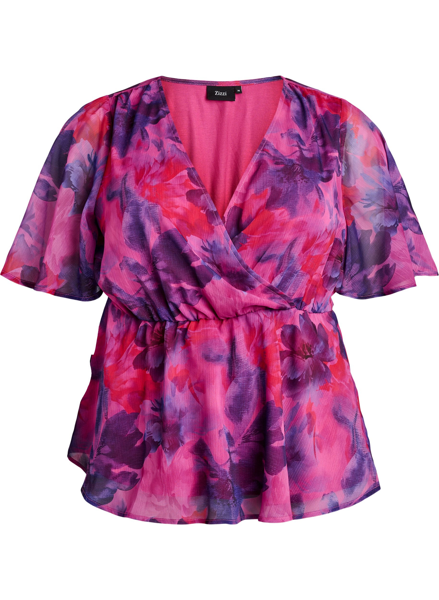 Zizzi Bloemen chiffon blouse met korte mouwen, Rood, Packshot image number 0