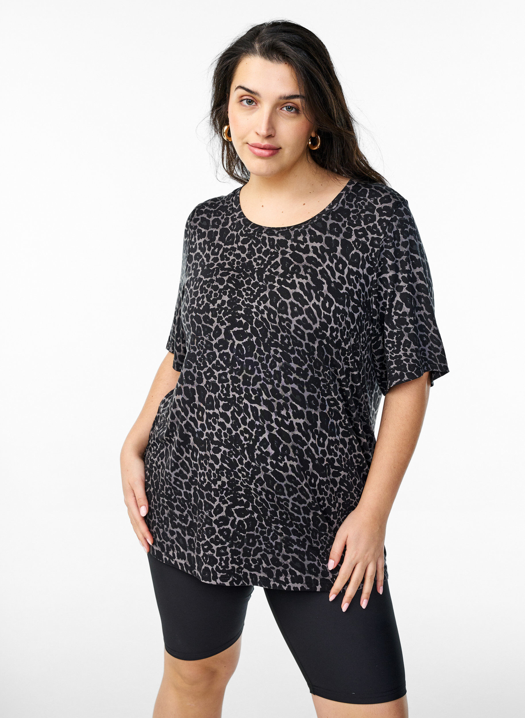 Zizzi T-shirt met TENCEL&trade; Lyocell en strepen, Grijs, Model image number 0
