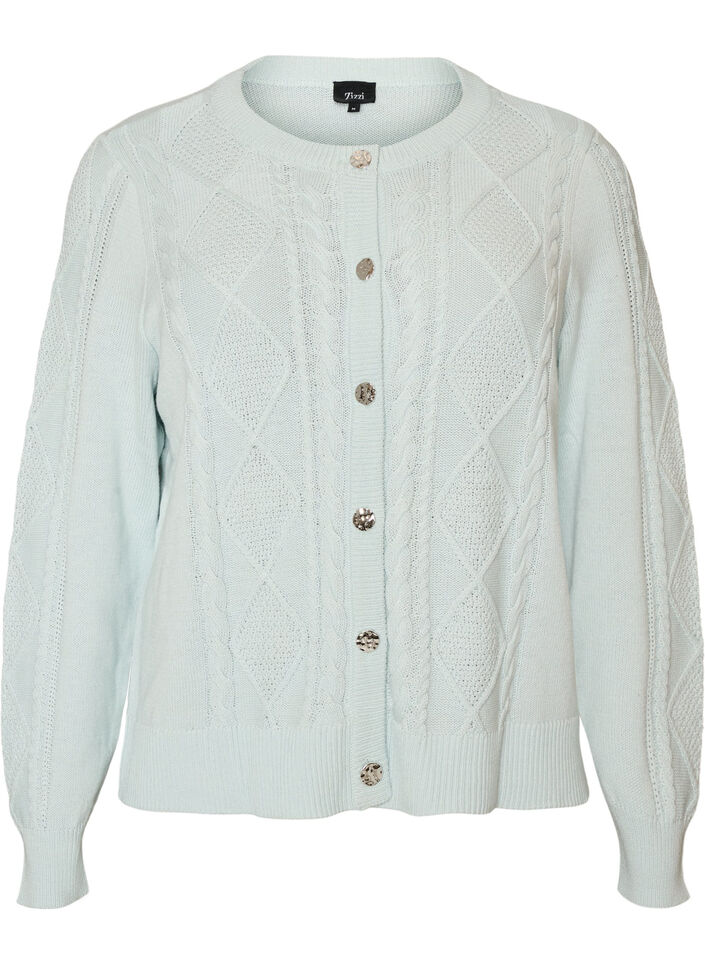 Kabelgebreide cardigan met decoratieve knopen, Blauw, Packshot image number 0
