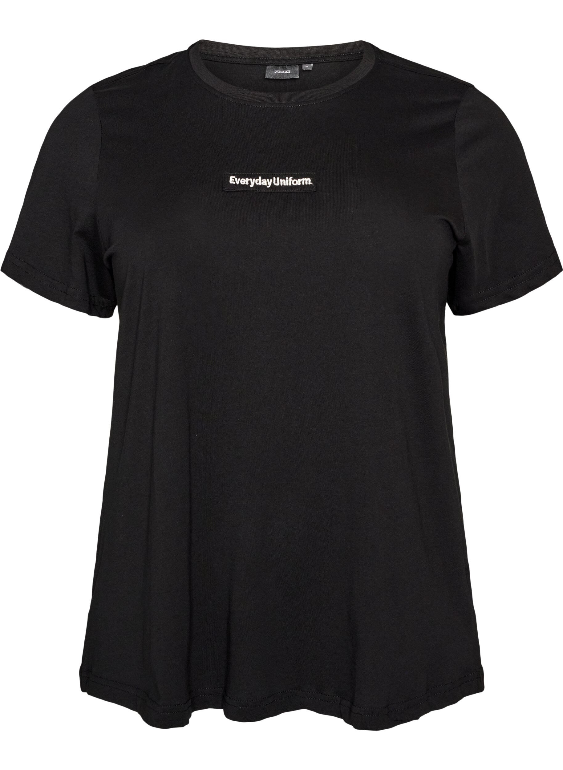 ZizziKatoenen T-shirt met tekstbadge, Zwart, Packshot image number 0