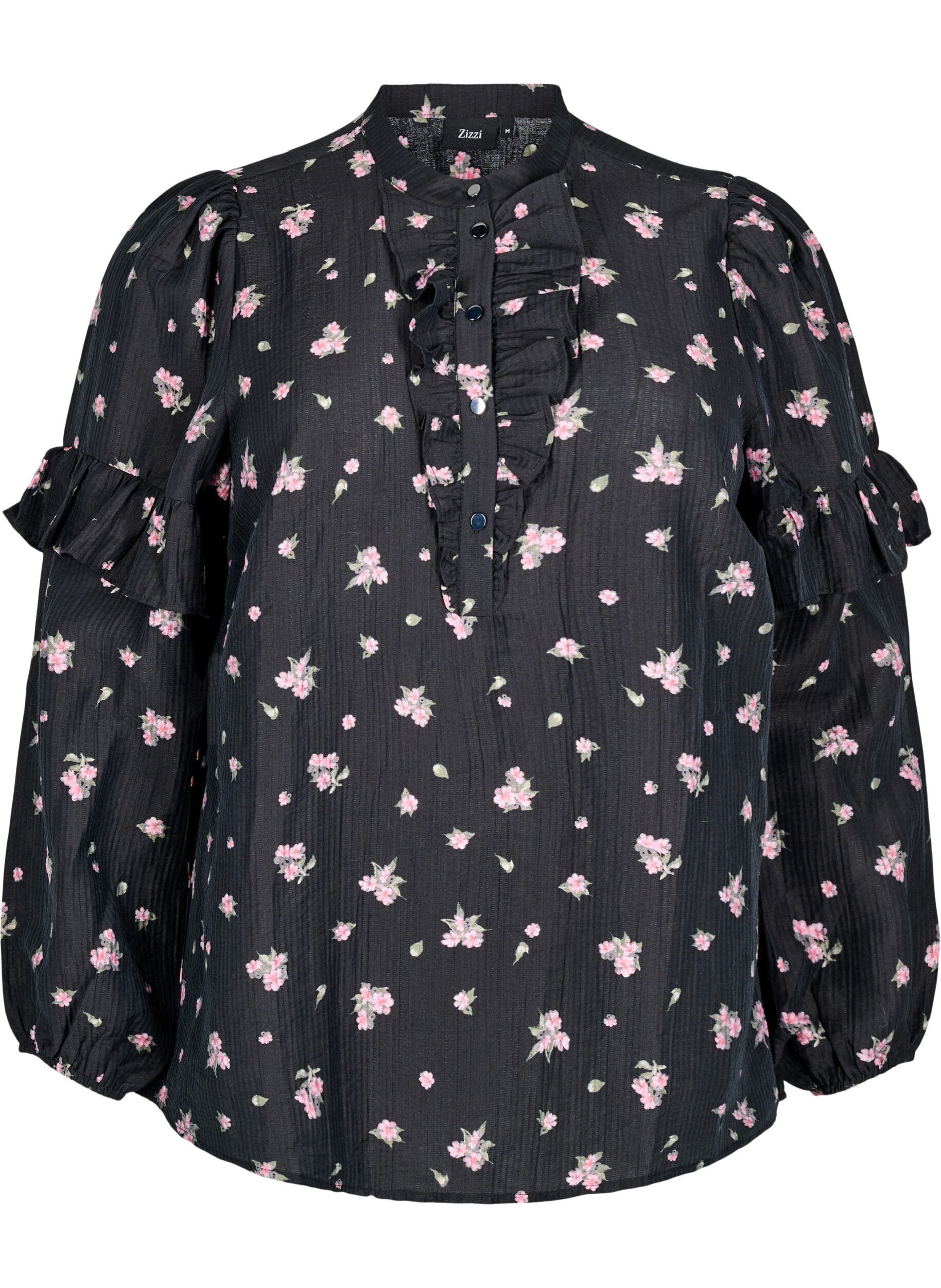Zizzi Bloemenblouse in lyocell, Zwart, Packshot image number 0