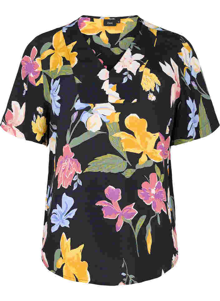 Viscose blouse met korte mouwen en bloemenprint, Big Flower AOP, Packshot image number 0