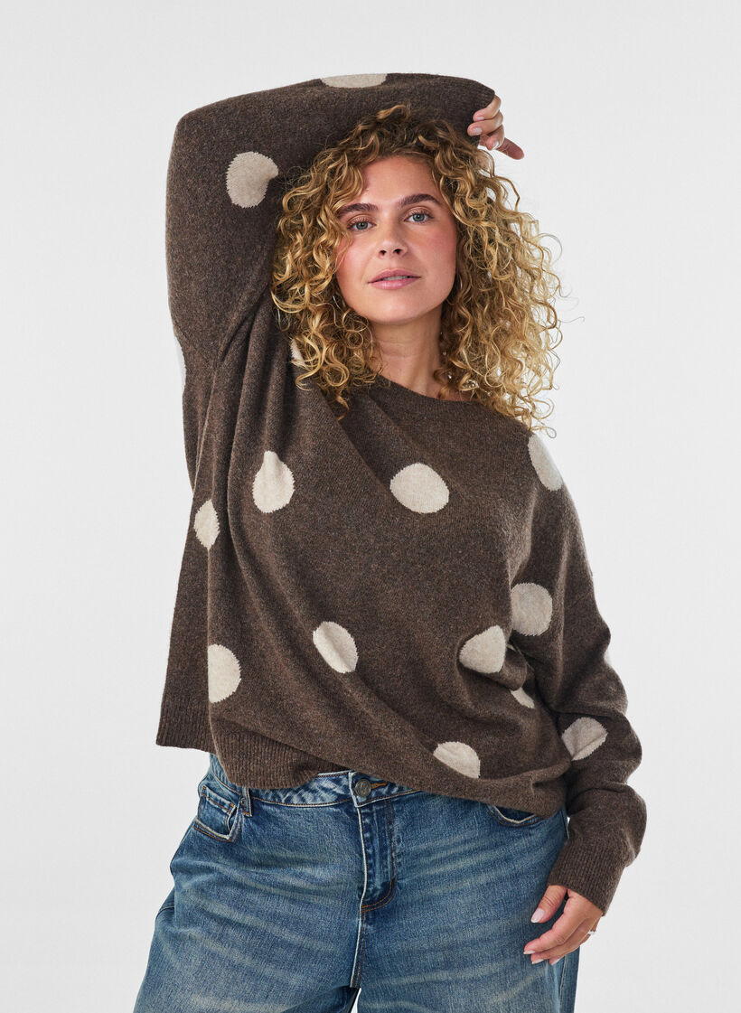 Gebreide blouse met een stippenpatroon, Bruin, Model image number 0