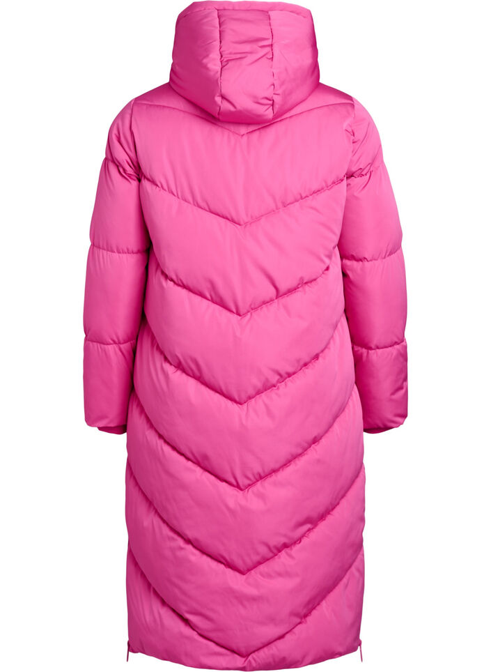 Lange pufferjas met capuchon en zakken, Roze, Packshot image number 1