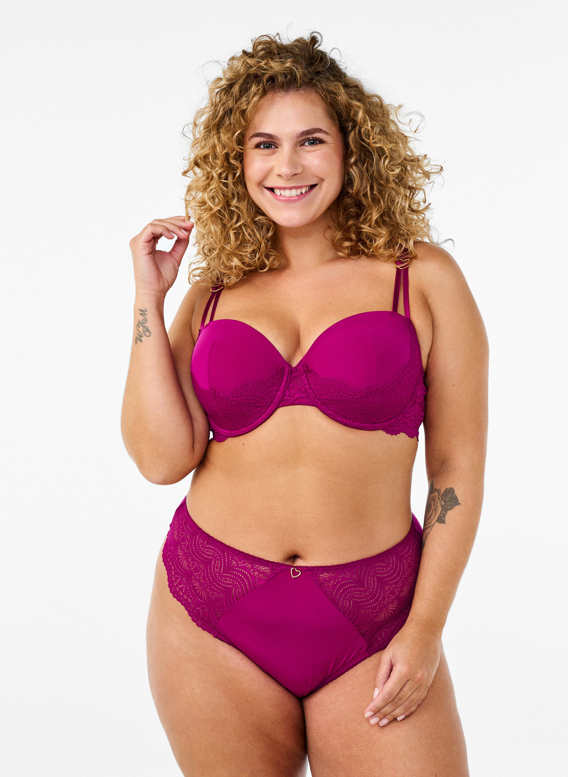 Zizzi Microfiber string met kanten details, Boysenberry, Model image number 0