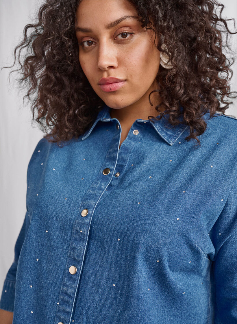 Denim shirt met strassteentjes en driekwartmouwen, Bl. Denim Rhinestone, Image image number 0