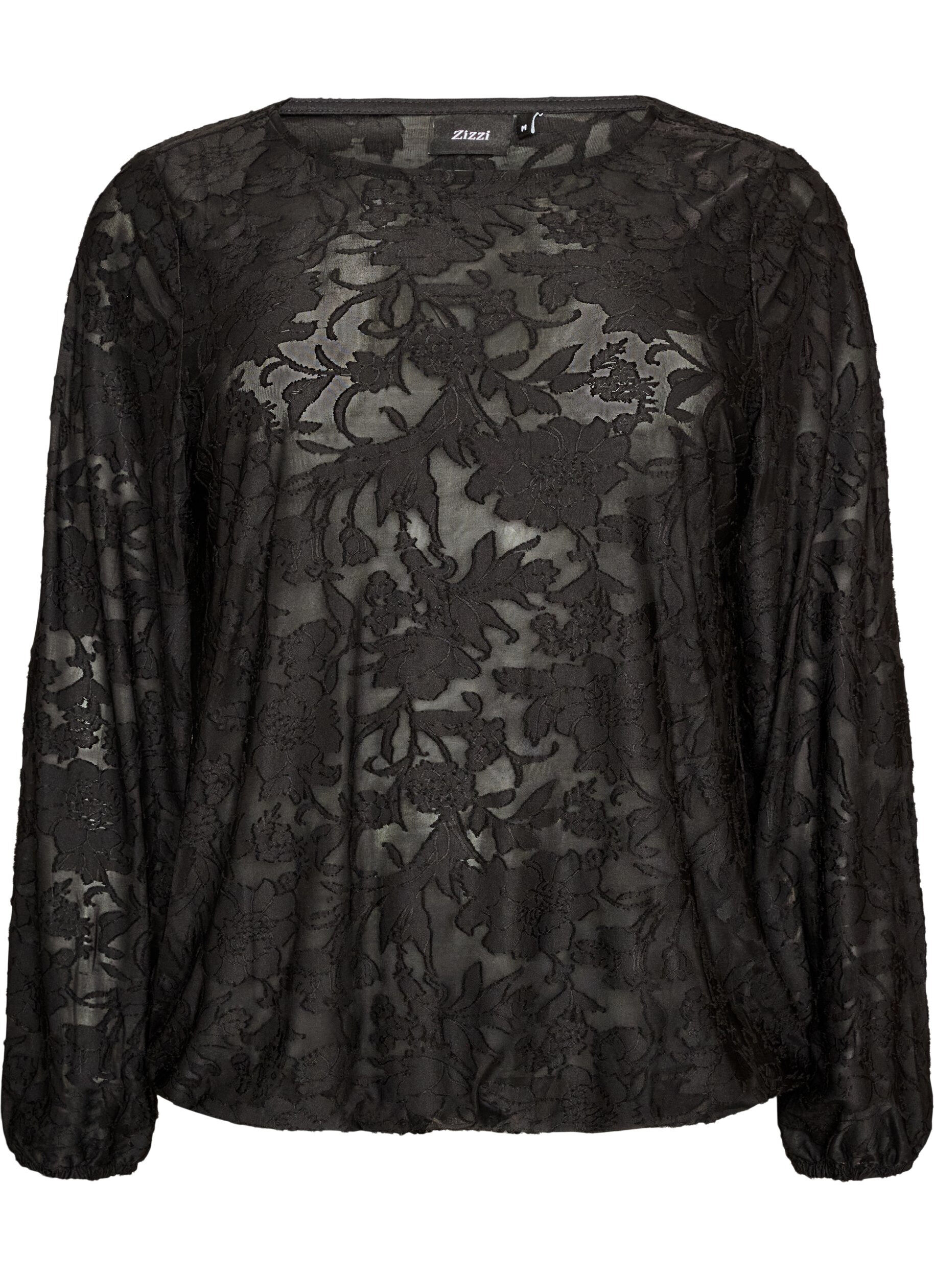 ZizziDoorschijnende blouse met bloemenstructuur en lange mouwen, Zwart, Packshot image number 0