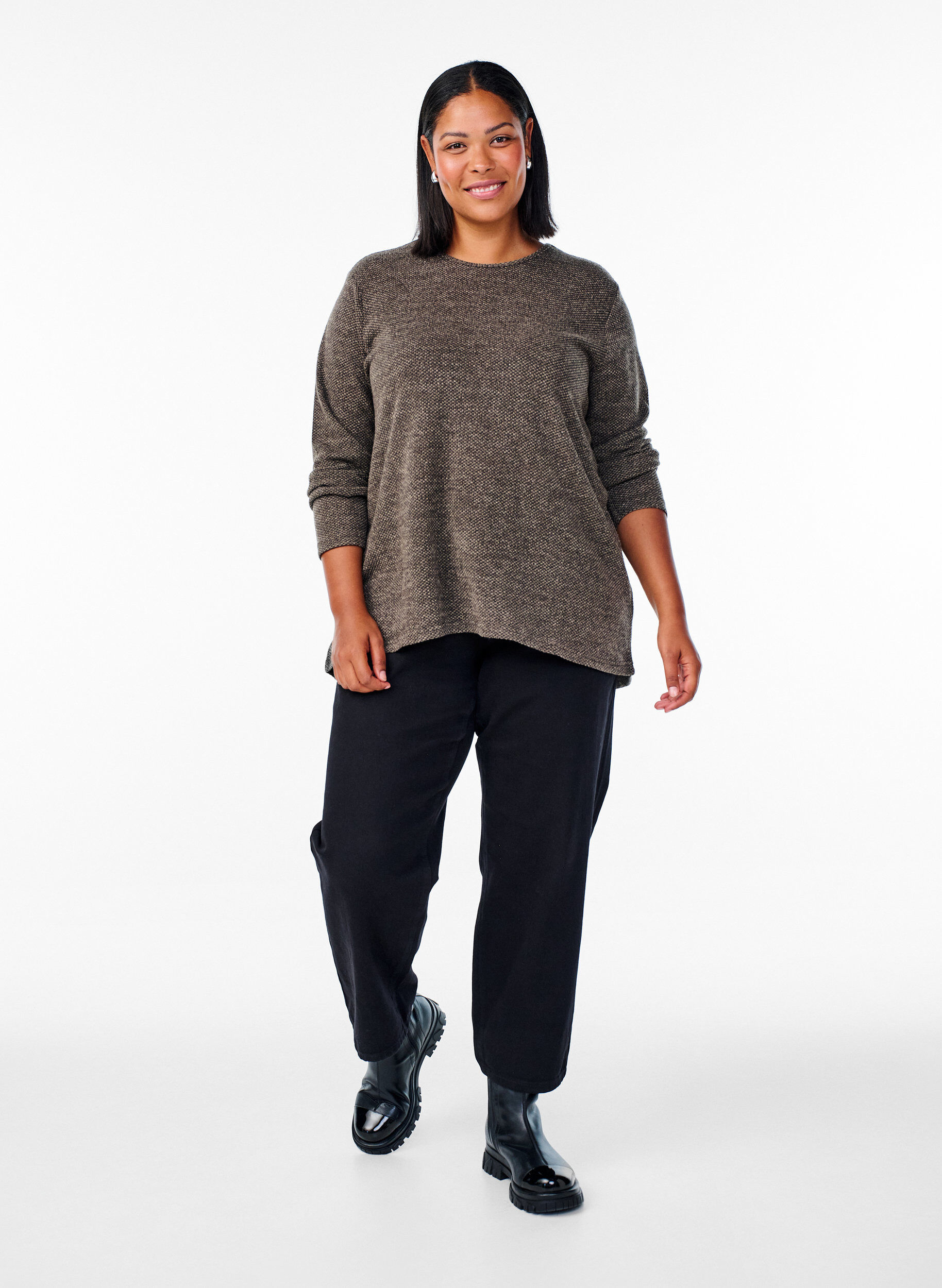 Zizzi Blouse met lange mouwen en structuur, Bruin, Model image number 1