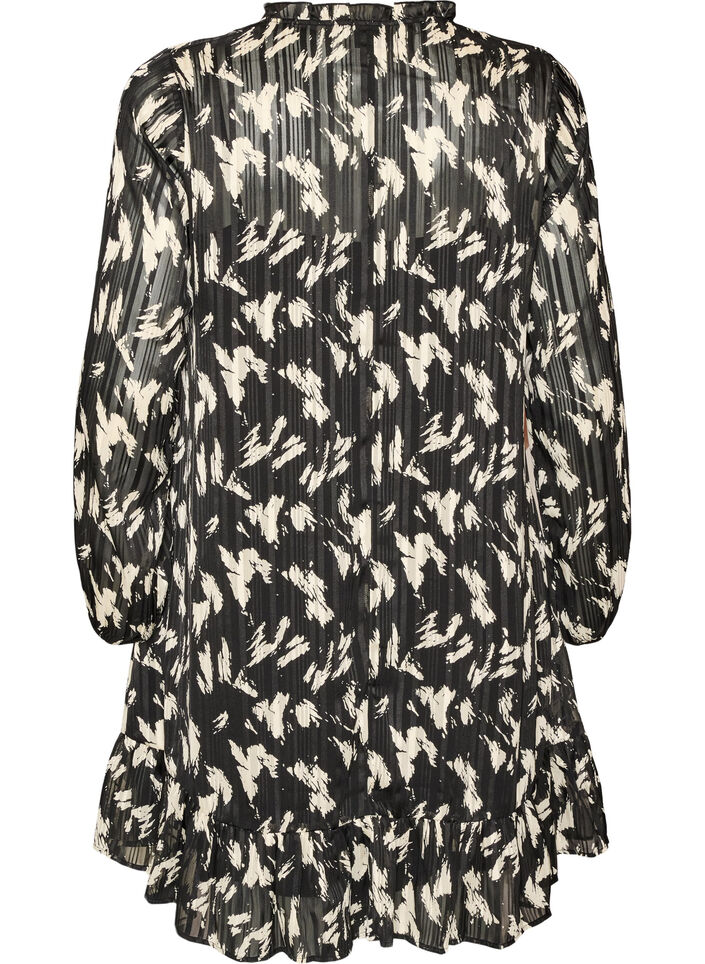 Jurk met patroon, ruches en lange mouwen, Zwart, Packshot image number 1