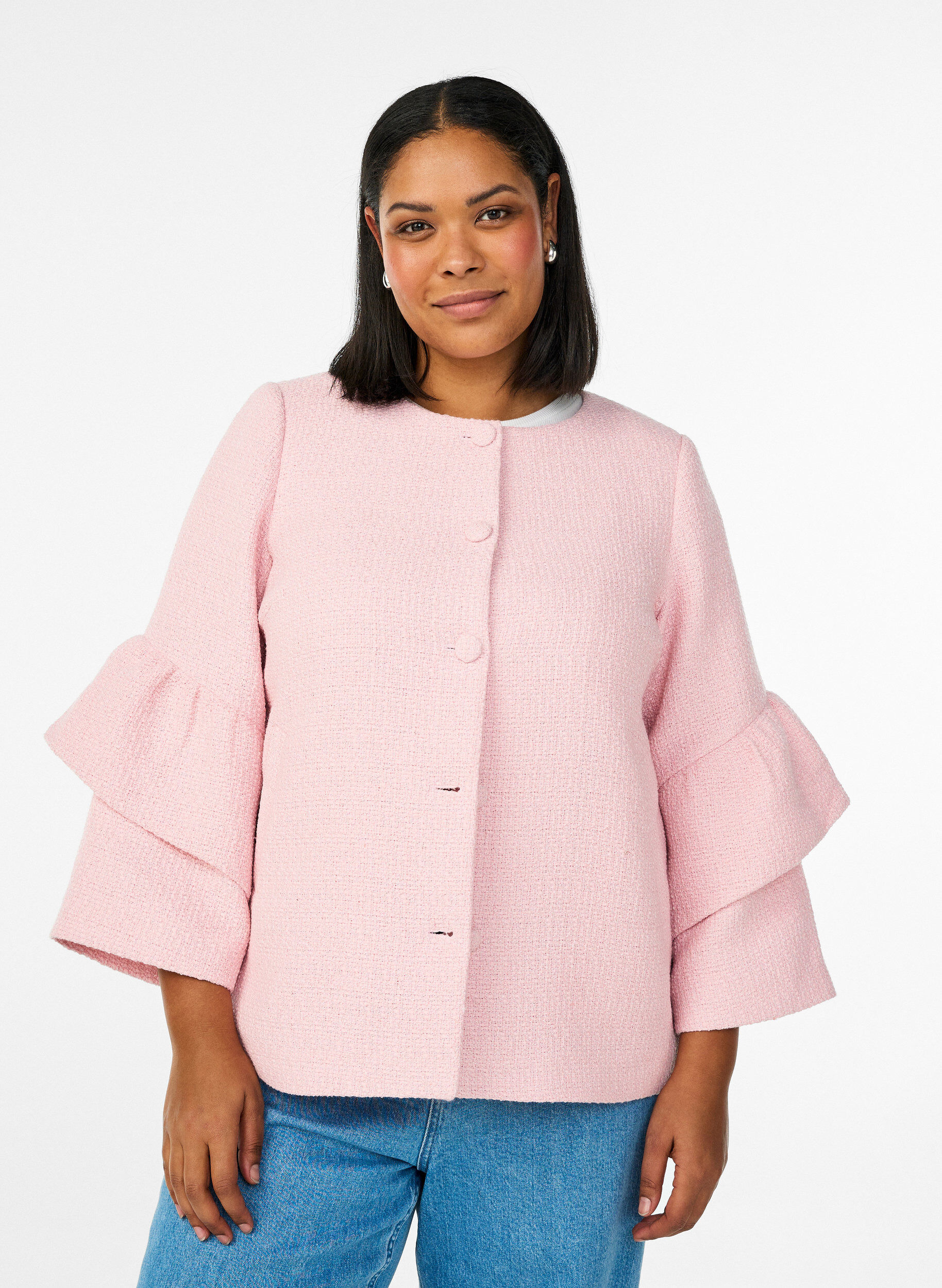 Boucl&eacute; jasje met ruchesdetails, Roze, Model