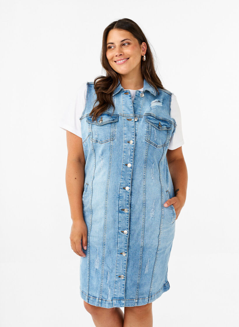 Mouwloze denim jurk met ruwe randdetails, Light Blue Denim, Model image number 0