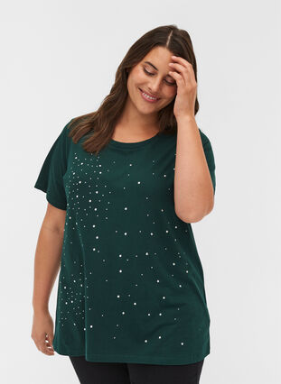 T-shirt in biologisch katoen met klinknagels , Dark Green, Model image number 0