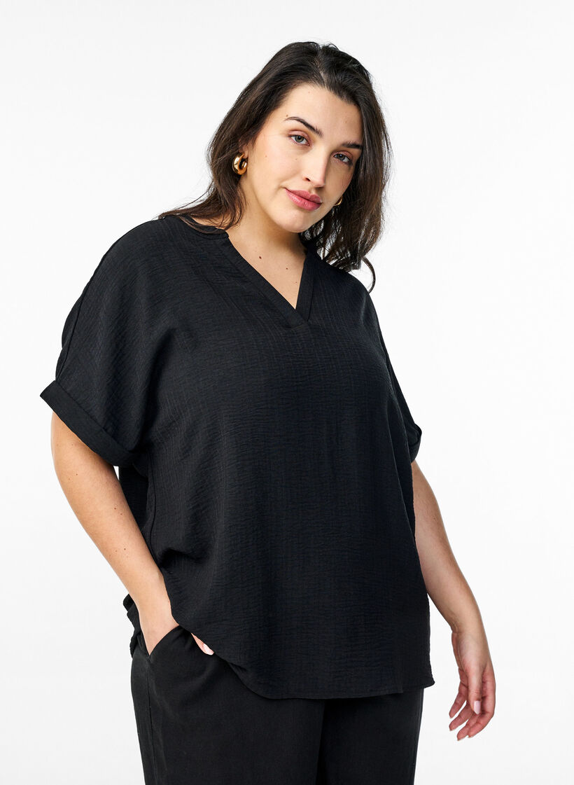 Luchtige blouse met korte mouwen, Zwart, Model image number 0