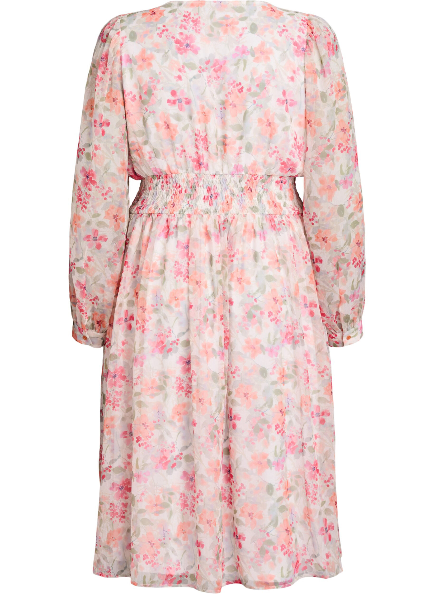 Zizzi Midi jurk met bloemen, wikkellook en smock, Oranje, Packshot image number 1