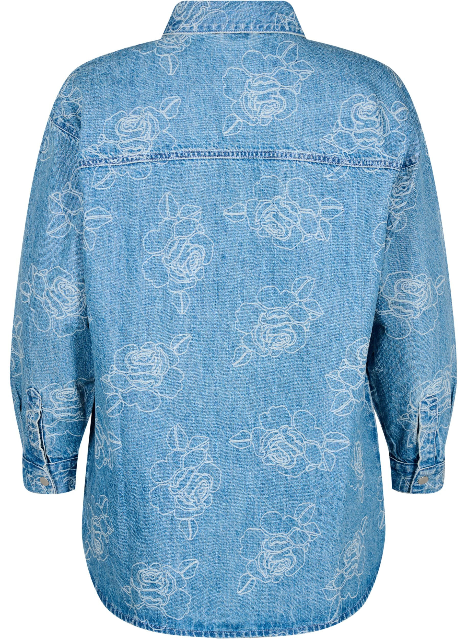 Zizzi Denim jasje met bloemen, Light Blue Denim, Packshot image number 1