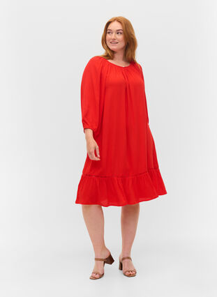 Viscose jurk met 3/4 mouwen, Fiery Red, Model image number 2